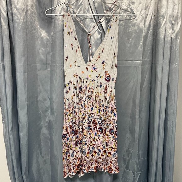 URBAN OUTFITTERS Light Baby Blue Floral Flare Halter Dress Boho Sz L - Picture 1 of 10